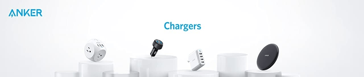 Anker Kuwait chargers collection: wall, car, and wireless options displayed on white pedestals