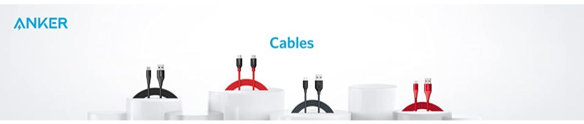 Anker cables for fast charging, USB-C & USB-A, displayed on white stands — Anker Kuwait