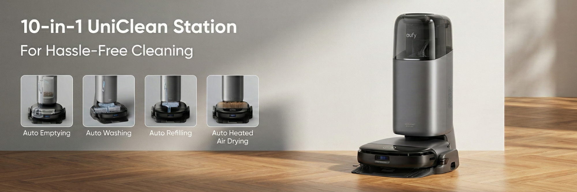 Eufy 10-in-1 UniClean Station for hassle-free cleaning with auto emptying, washing, refilling, and drying features
