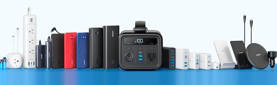 Anker Kuwait power banks, chargers & mobile accessories lineup on blue surface