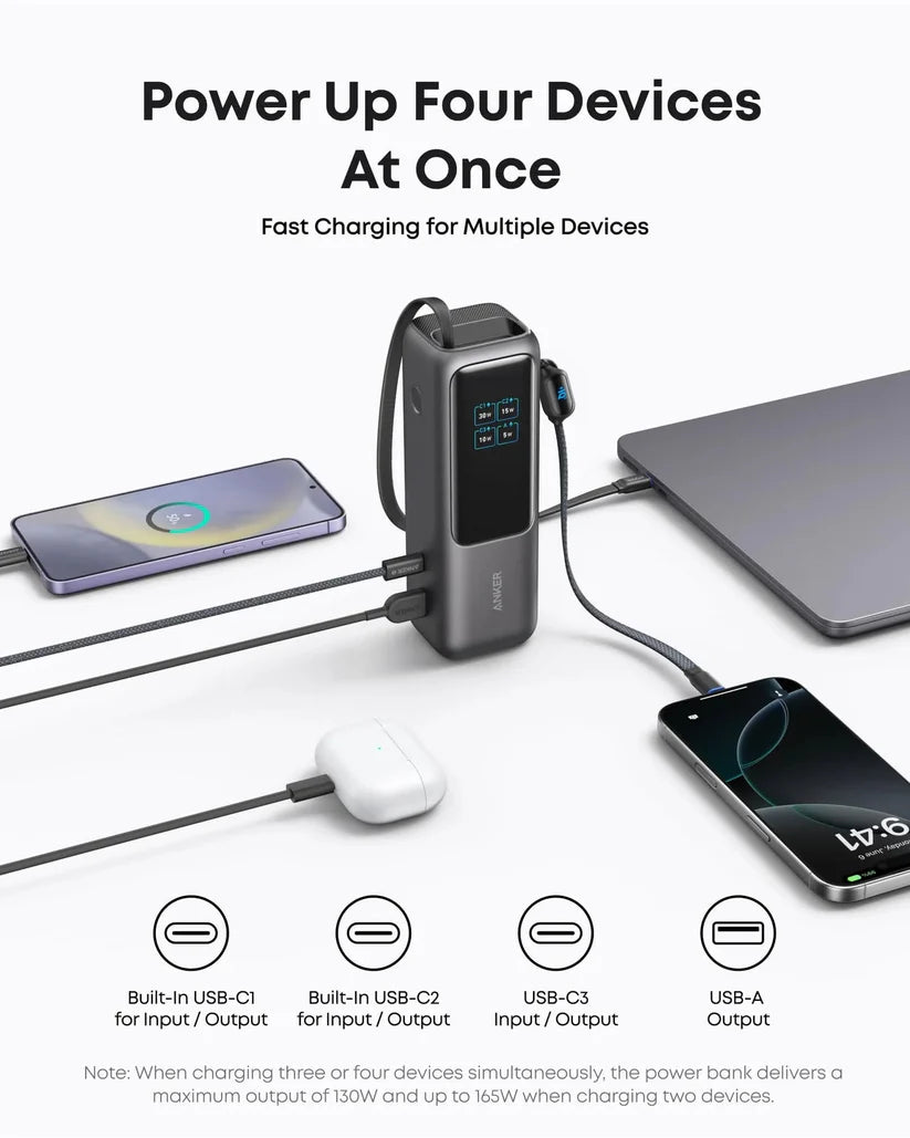 Anker power bank charging four devices simultaneously with USB-C and USB-A ports