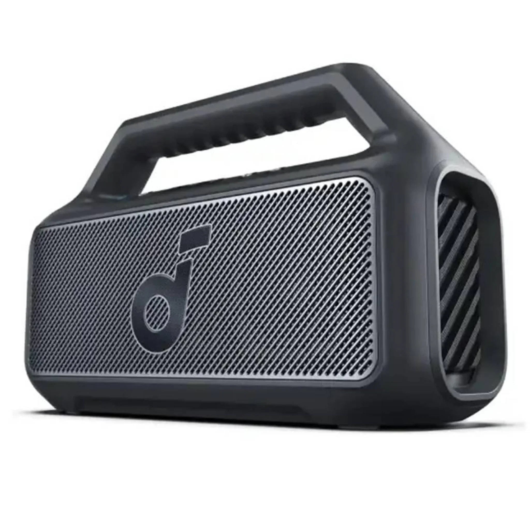 Black portable speaker with a brand logo on a white background