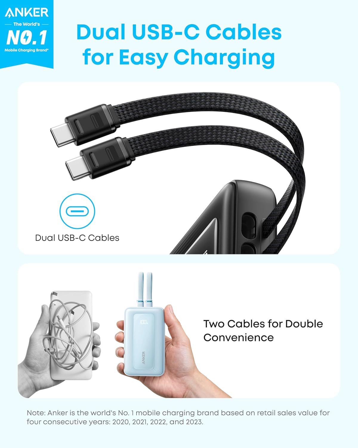 Anker Zolo Power Bank (10K, 35W, Built-In Dual USB-C Cables)-White