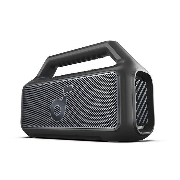 Black portable speaker with brand logo on a white background