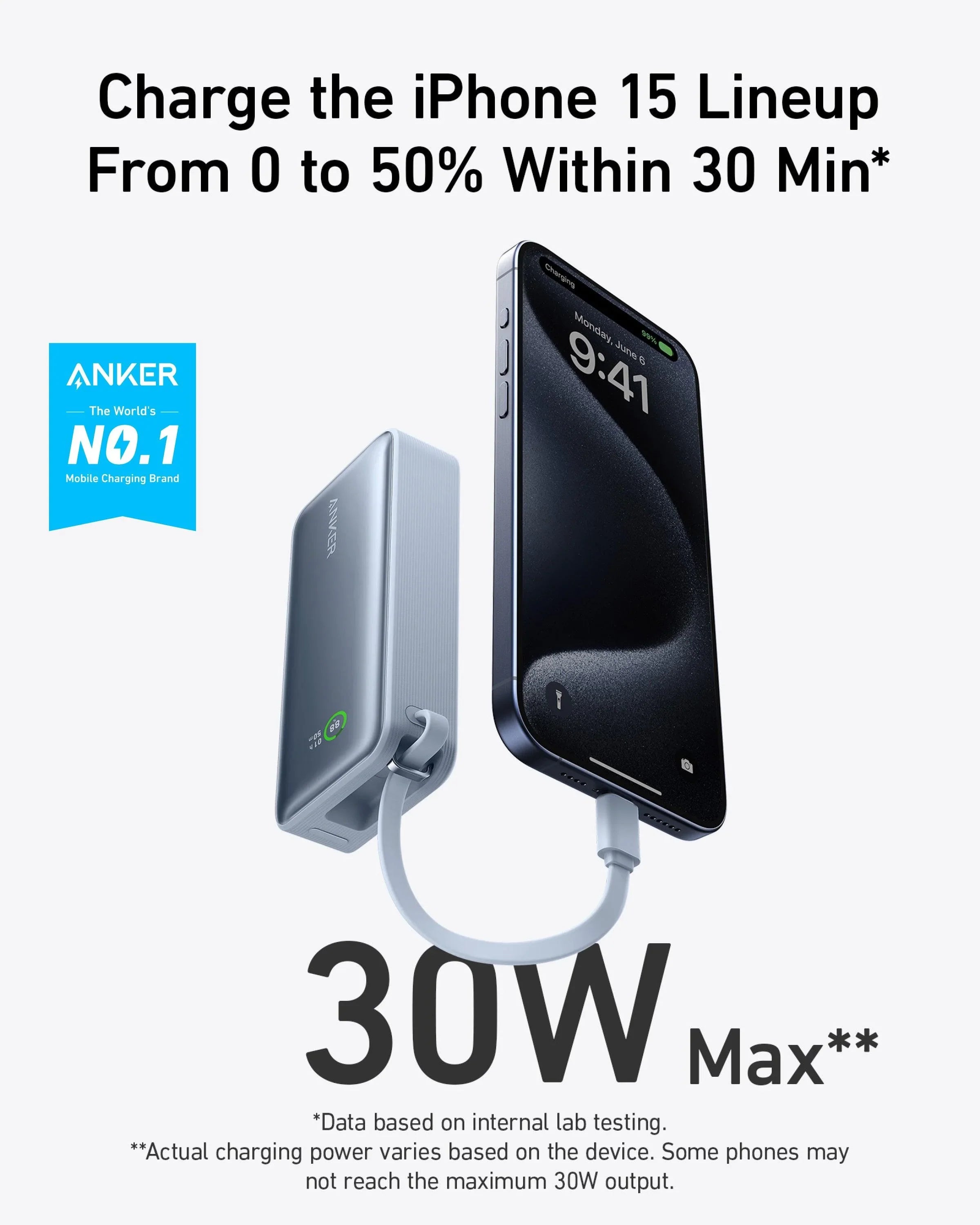 Anker Nano Power Bank (30W, Built-In USB-C Cable) 10000 -Blue - Anker Kuwait