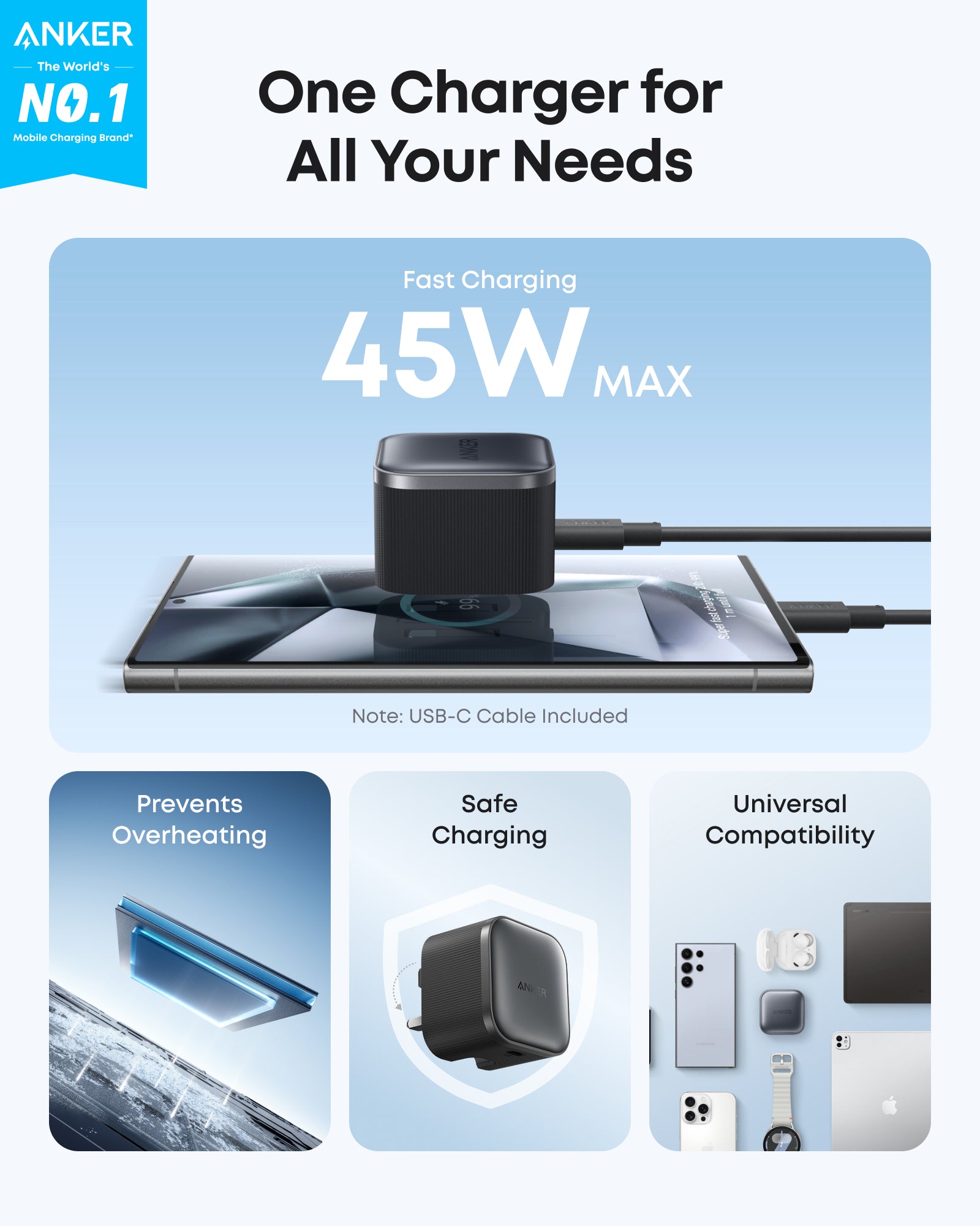 Anker Nano Charger (45W) and 1.8m,6ft USB-C to USB-C Cable