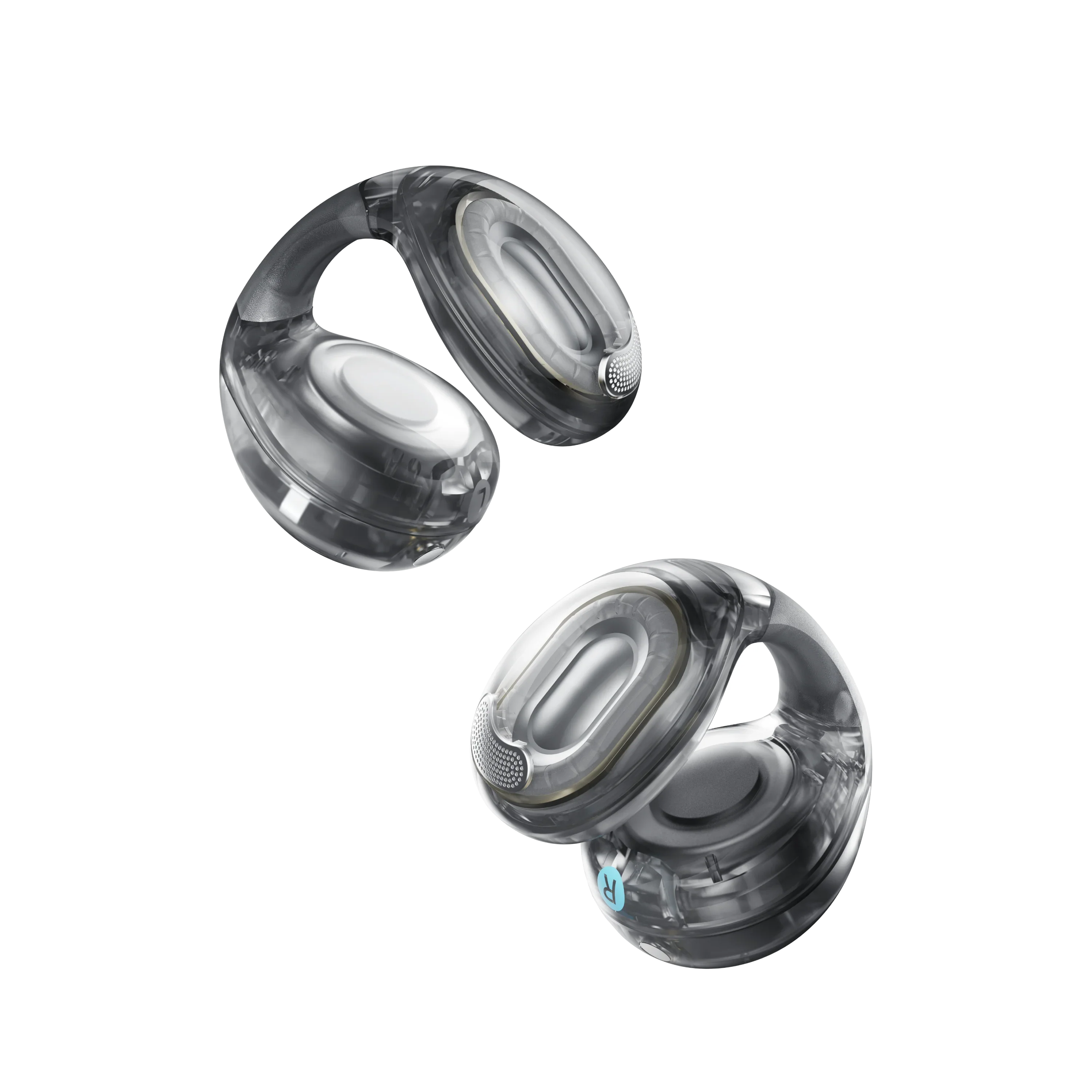 Pair of gray wireless earbuds