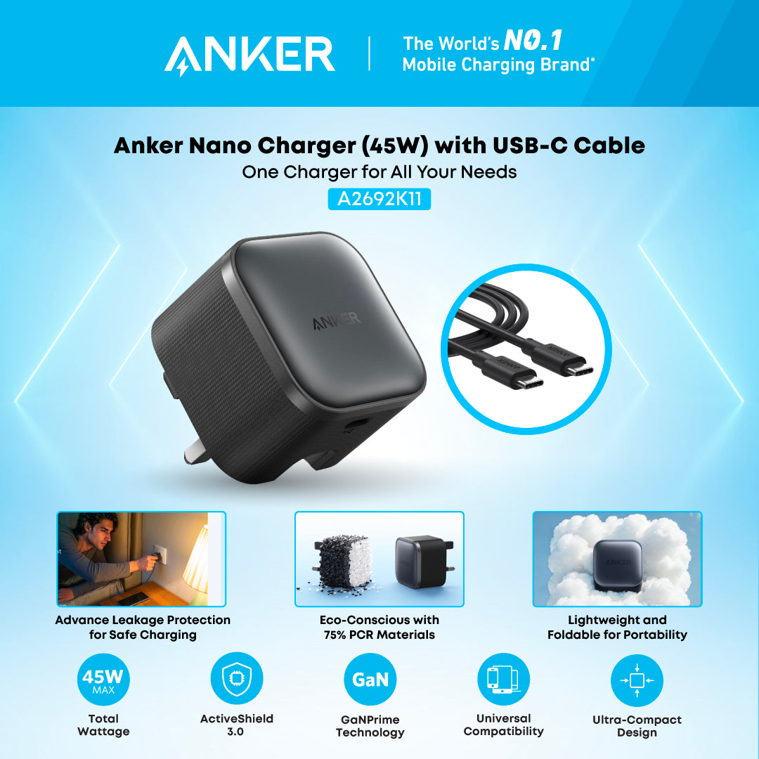 Anker Nano Charger (45W) and 1.8m,6ft USB-C to USB-C Cable
