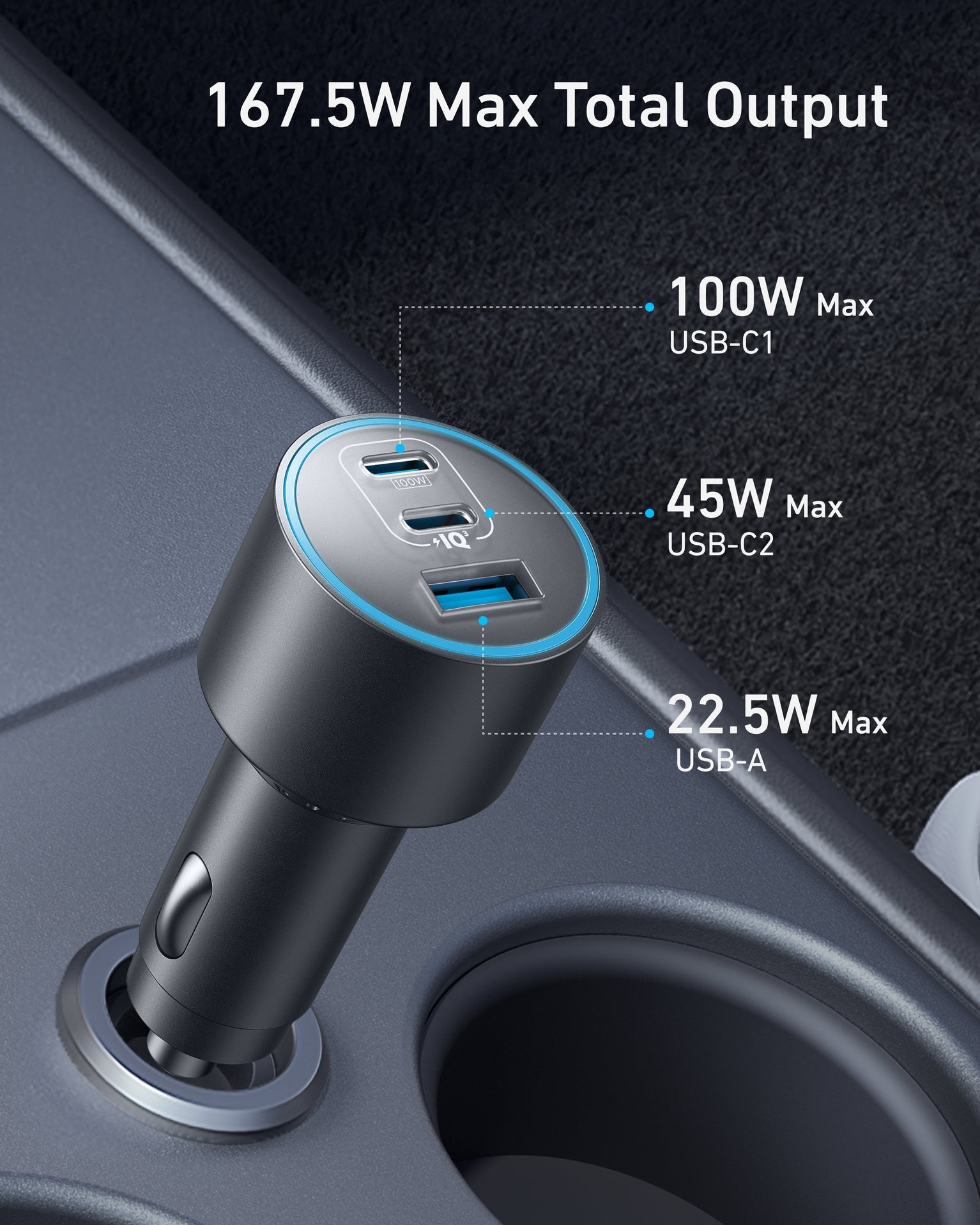 Anker Nano Car Charger 167.5W, 3 Ports