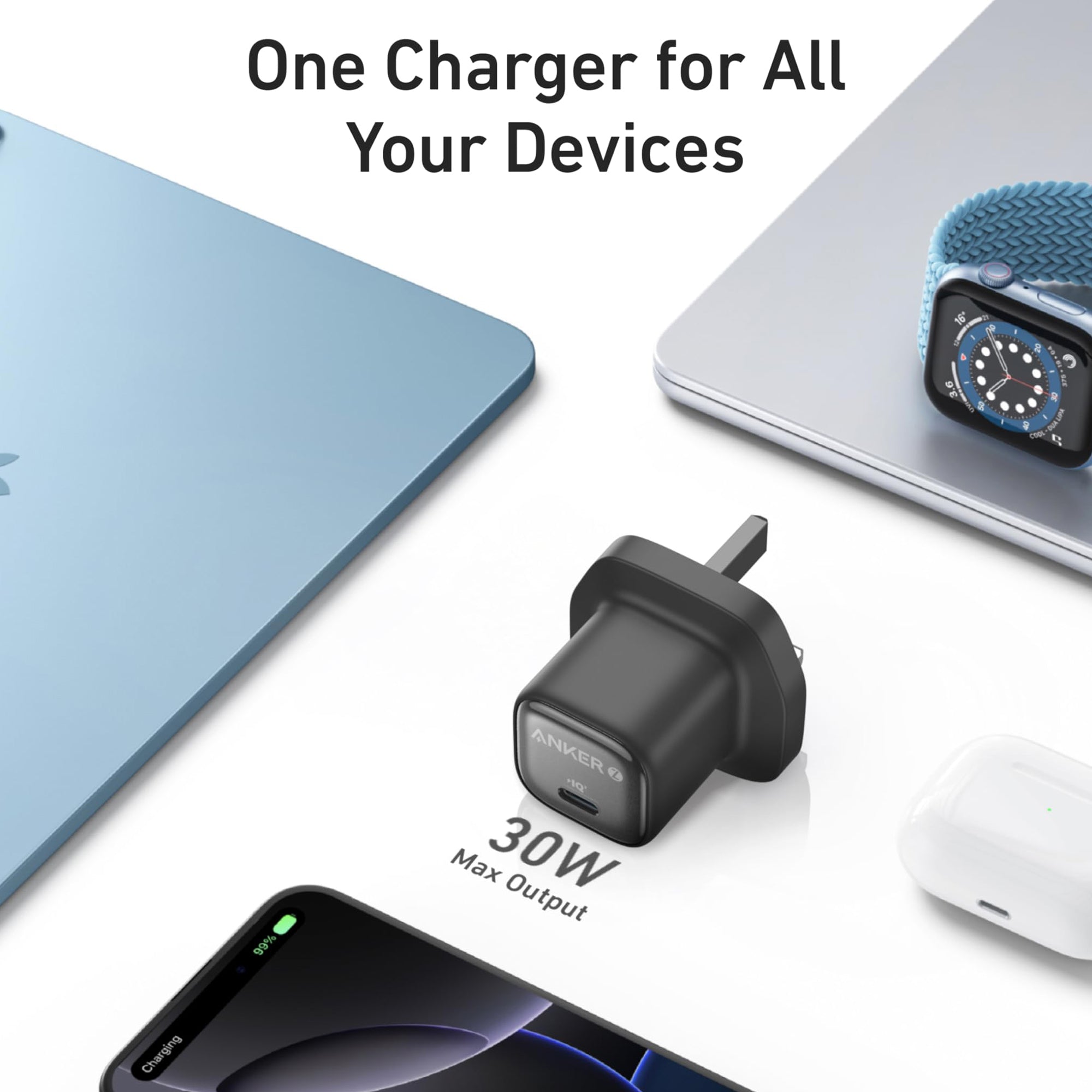 Anker Zolo Charger 30W, PD 3.0 With USB-C to USB-C Cable - Black