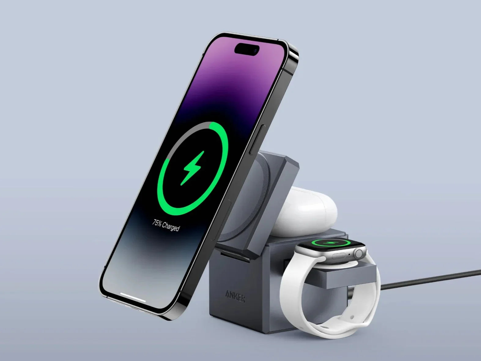 Wireless charging station charge smartphone, smartwatch, and headphone