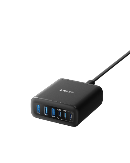 Black Anker USB hub with multiple blue ports for fast charging devices