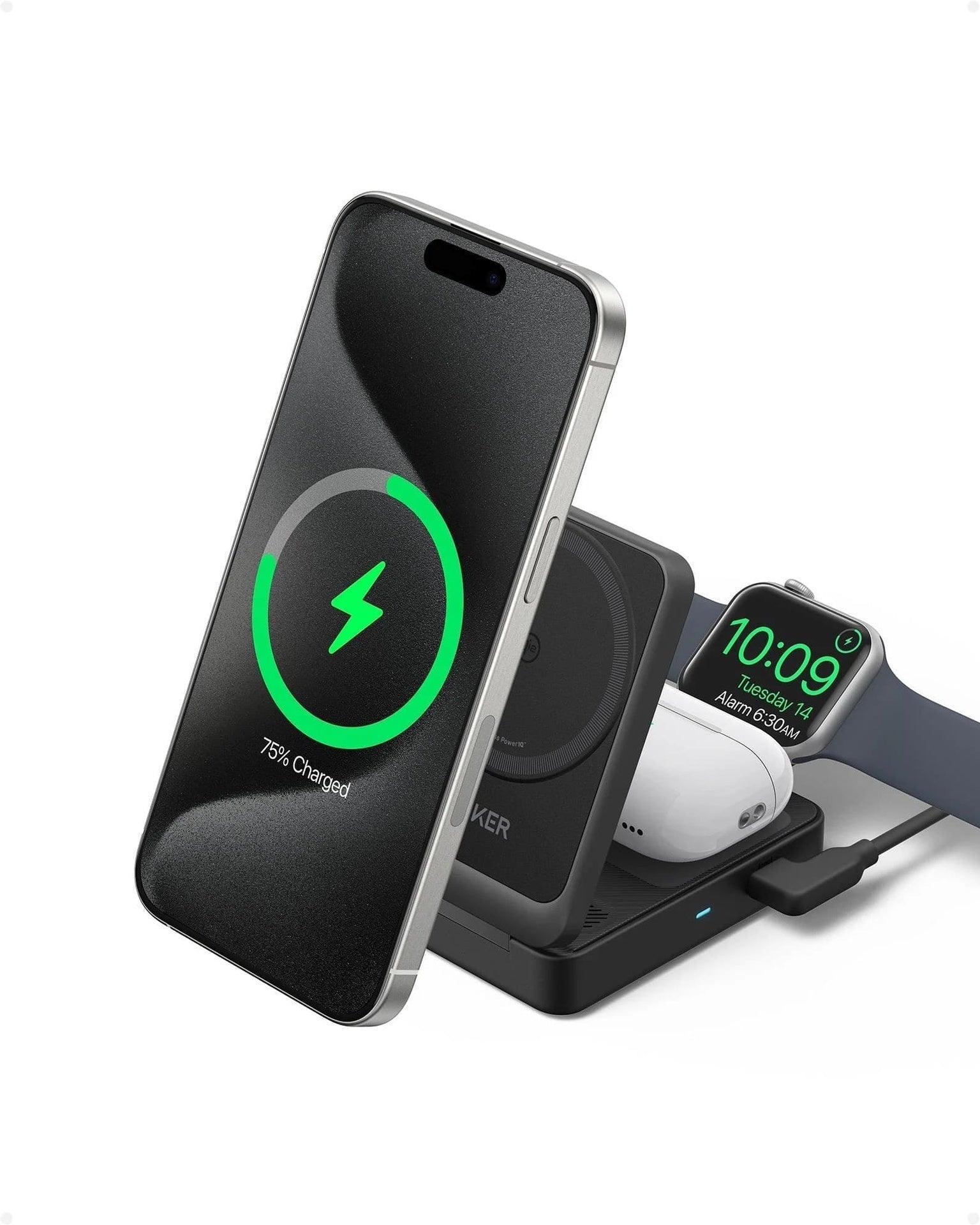 Anker MagGo Wireless Charging Station (15W, Foldable 3-in-1) -Black - Anker Kuwait