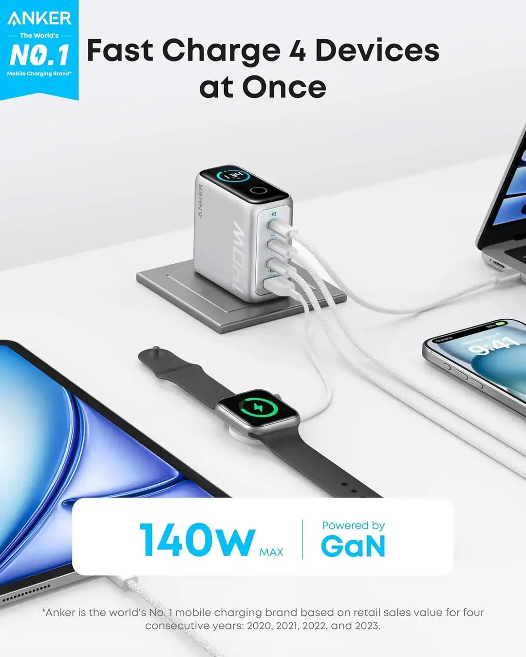 Anker Charger (140W, 4-Port, PD 3.1) with USB-C Cable - Silver