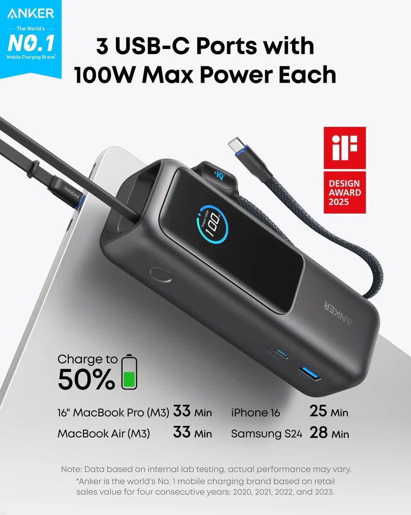 Anker 100W USB-C charger with 3 ports, fast charging for MacBook, iPhone, Samsung; iF Design Award 2025 winner