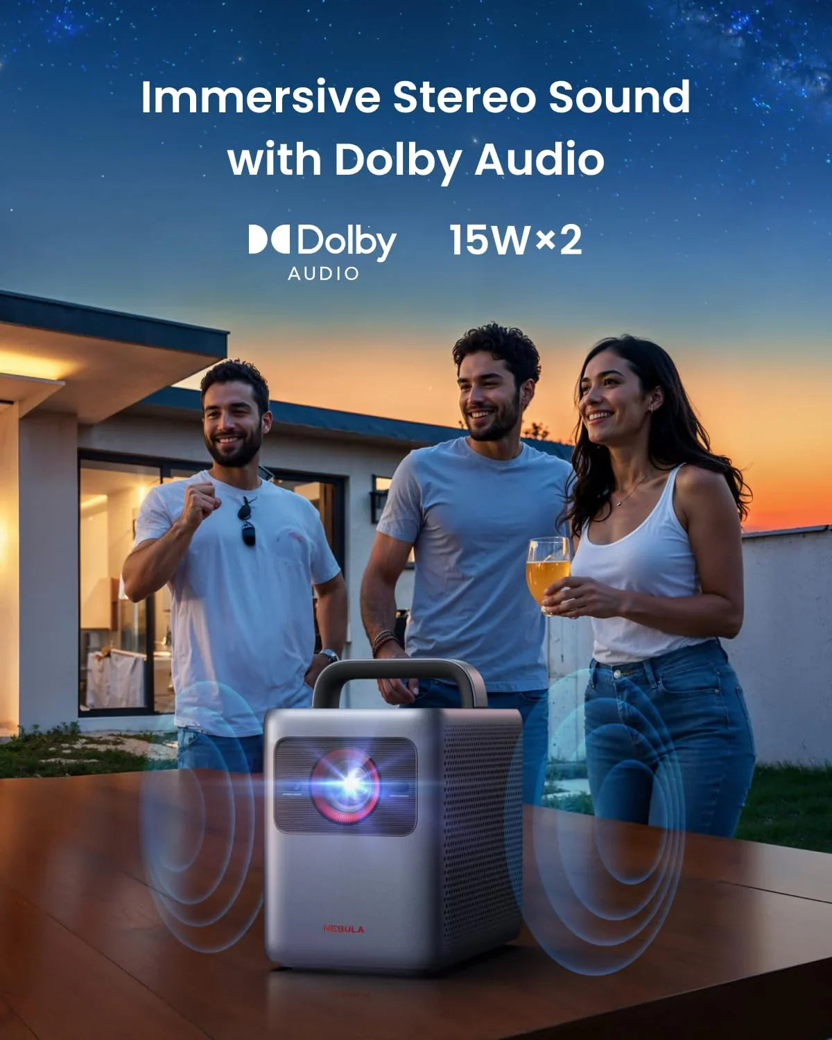 Anker Nebula projector with Dolby Audio, 15Wx2, for immersive stereo sound at home
