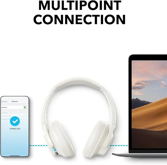 White wireless headphones with multipoint connection to phone and laptop, Anker Kuwait