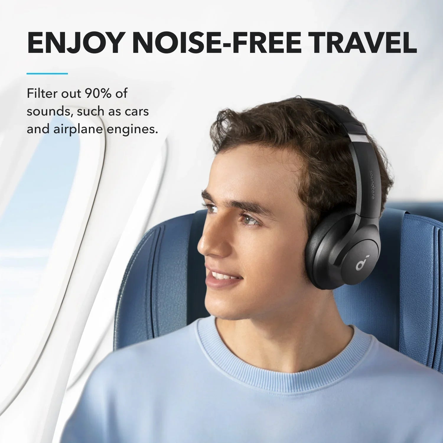 Man wearing Soundcore noise-canceling headphones on airplane, enjoy quiet travel with Anker Kuwait
