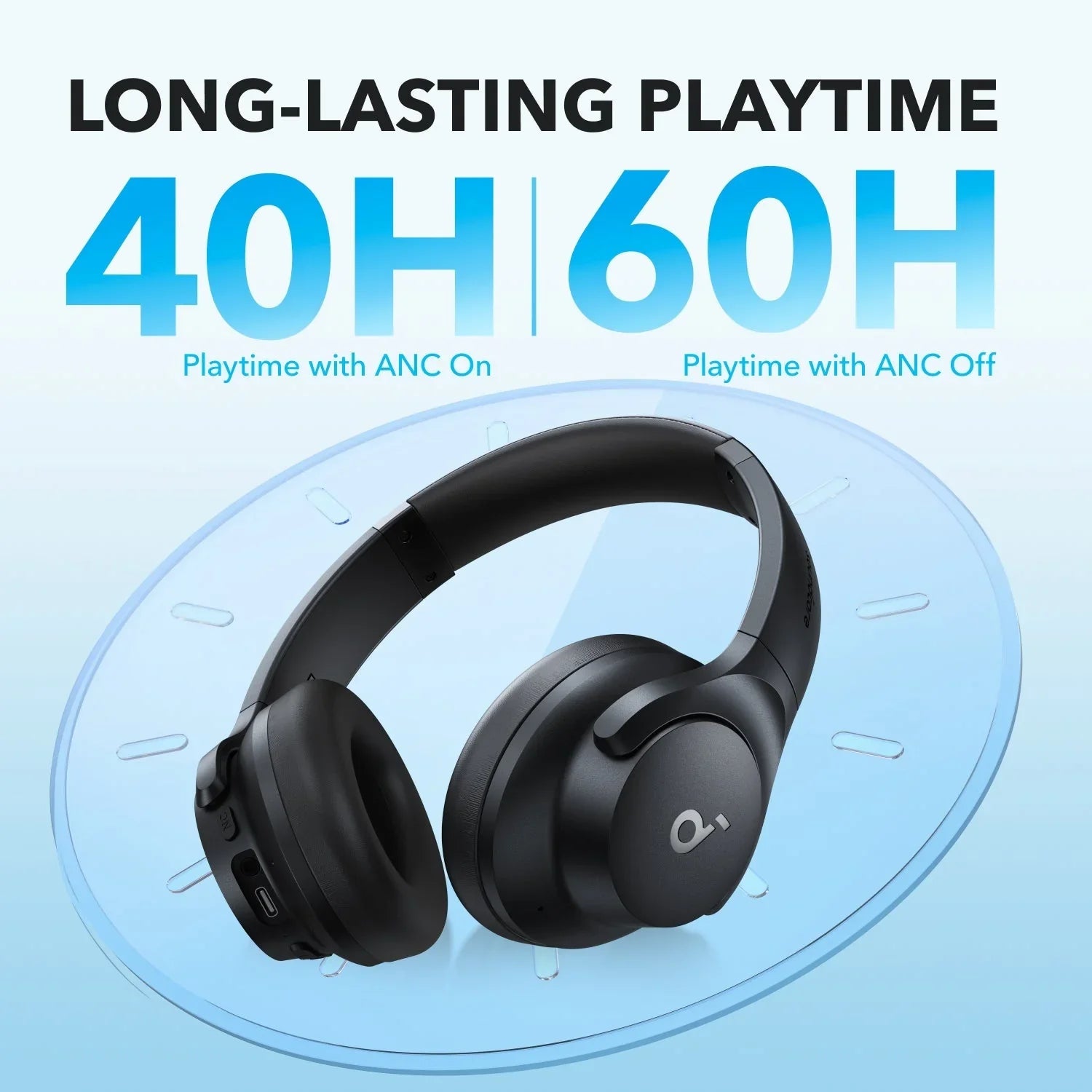 Anker Soundcore wireless headphones with 40H ANC on, 60H ANC off playtime, sleek black design
