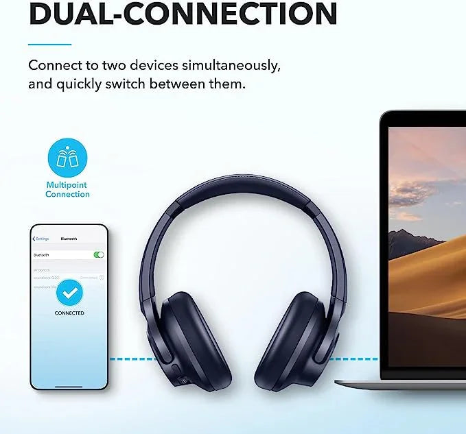 Anker dual-connection wireless headphones connecting to phone and laptop for seamless multitasking