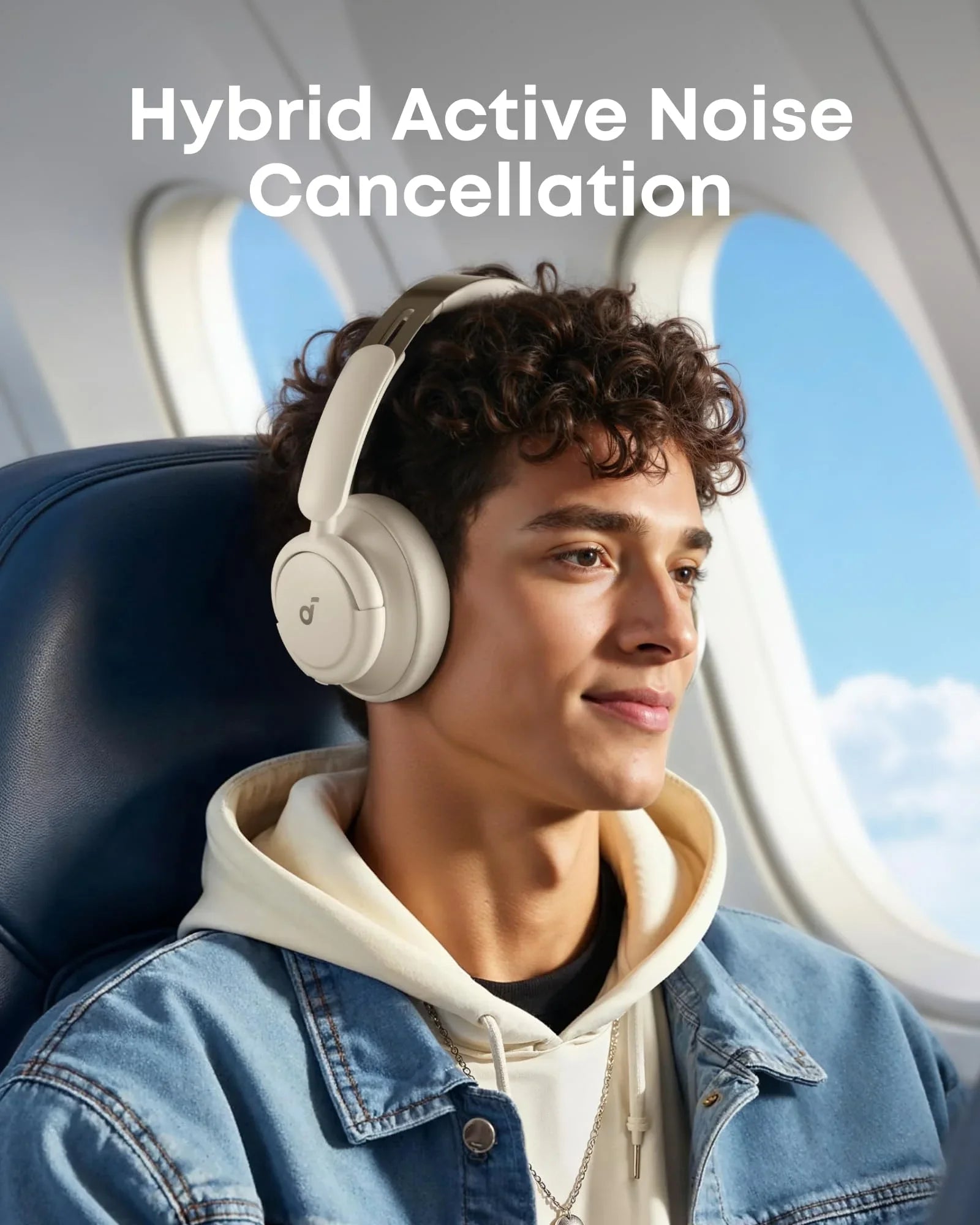 Man wearing white noise-canceling headphones on airplane, Anker Kuwait