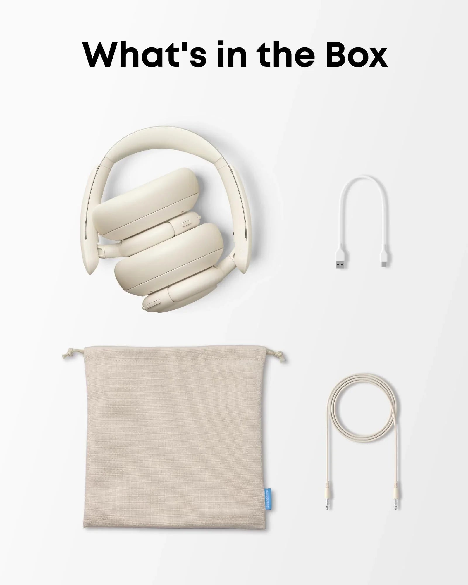What's in the Box: Cream over-ear headphones, USB-C cable, 3.5mm audio cable, and fabric pouch