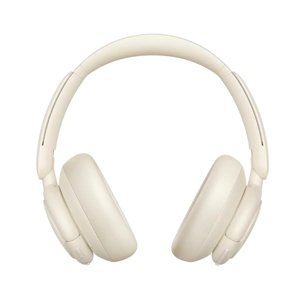 Cream over-ear wireless headphones with sleek design, perfect for music and calls