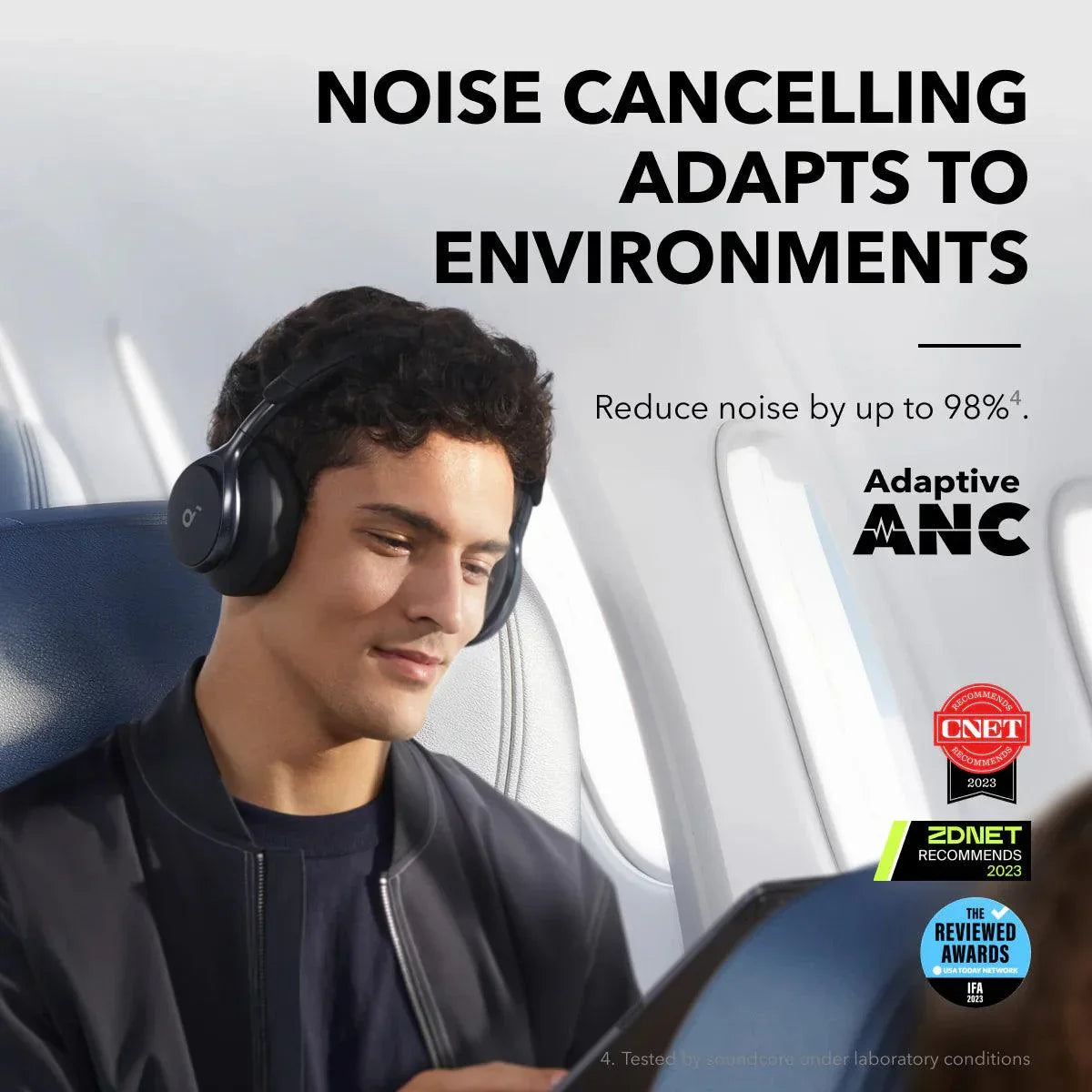 Noise-cancelling headphones with adaptive ANC for travel, reducing noise up to 98%.