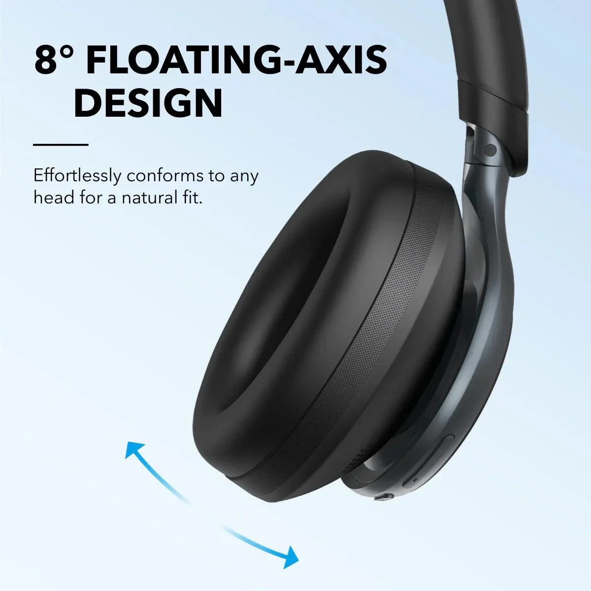 Black over-ear headphones with 8° floating-axis design for natural, comfortable fit