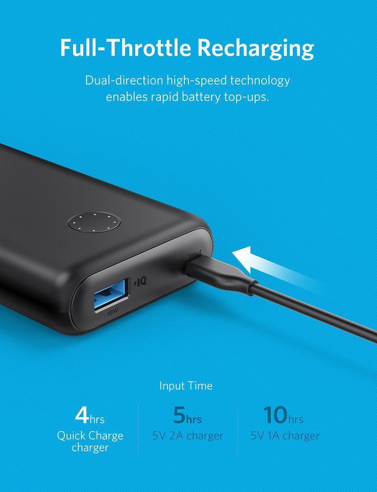 Anker power bank with fast charging input, showing 4hr quick charge time on blue background