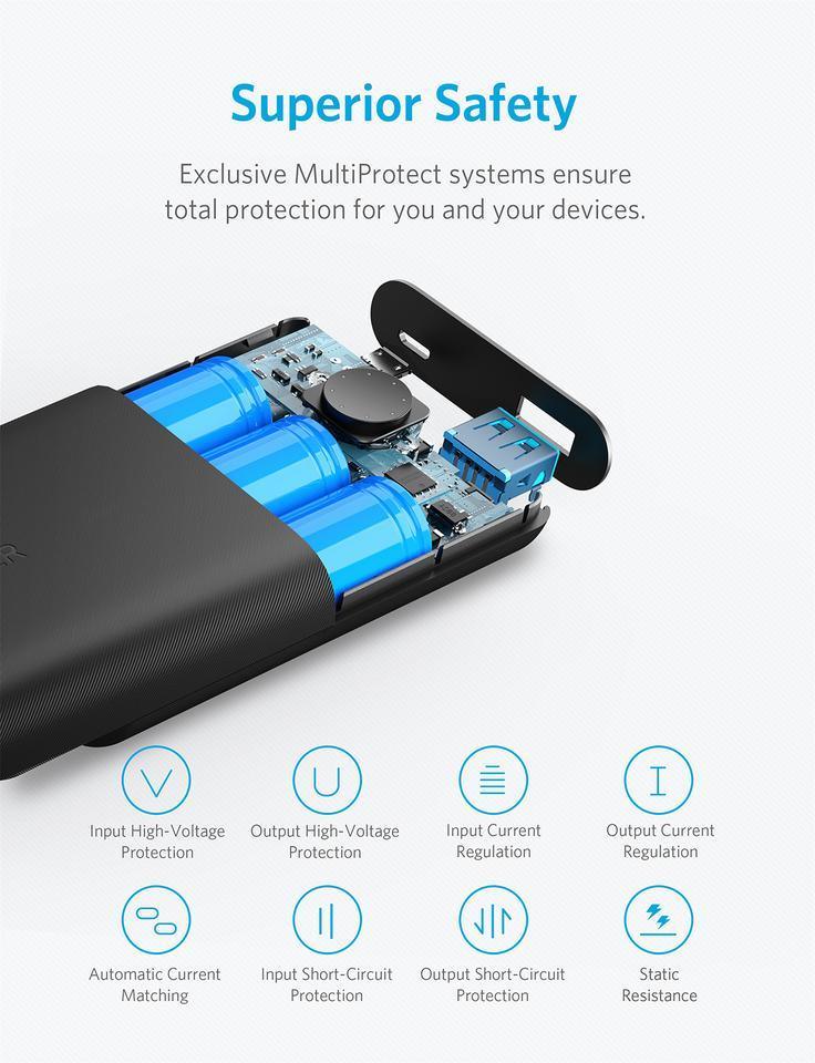 Anker power bank internal safety features with MultiProtect system for device protection