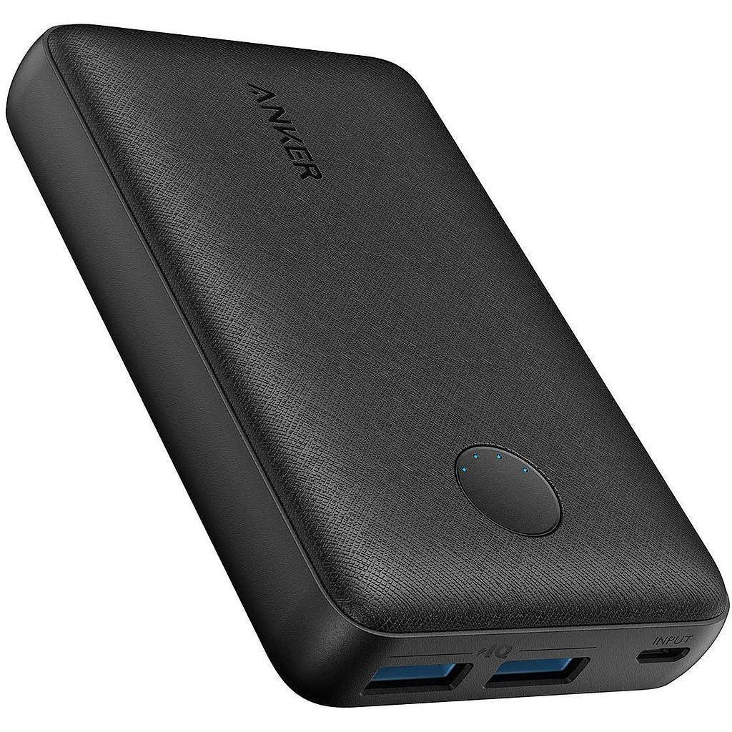 Anker power bank with dual USB ports and LED indicators, sleek black design for charging devices on the go
