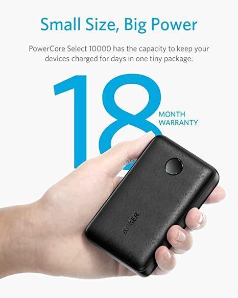 Anker PowerCore Select 10000 power bank in hand, compact design with 18-month warranty, Anker Kuwait