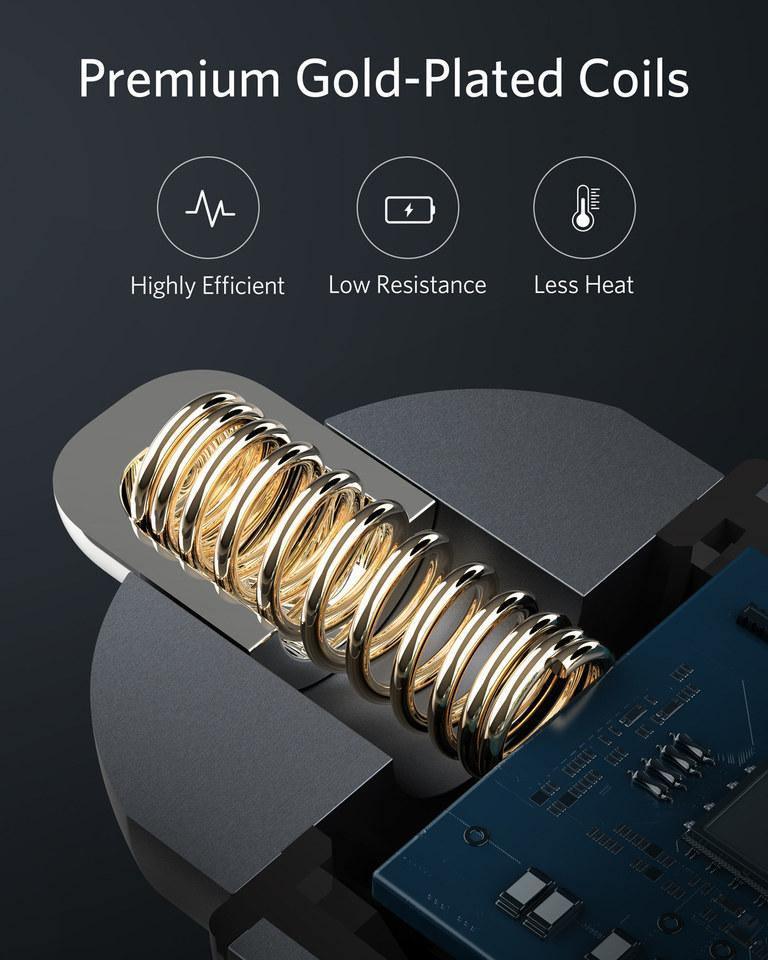 Premium gold-plated coils for efficient, low-resistance, low-heat charging — Anker Kuwait