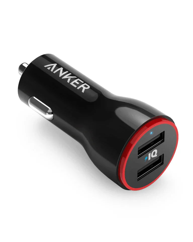 Anker car charger with dual USB ports and PowerIQ, sleek black design with red accent