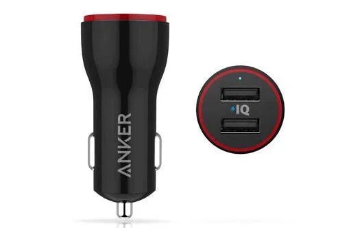 Anker car charger with dual USB ports and PowerIQ tech, black with red accents