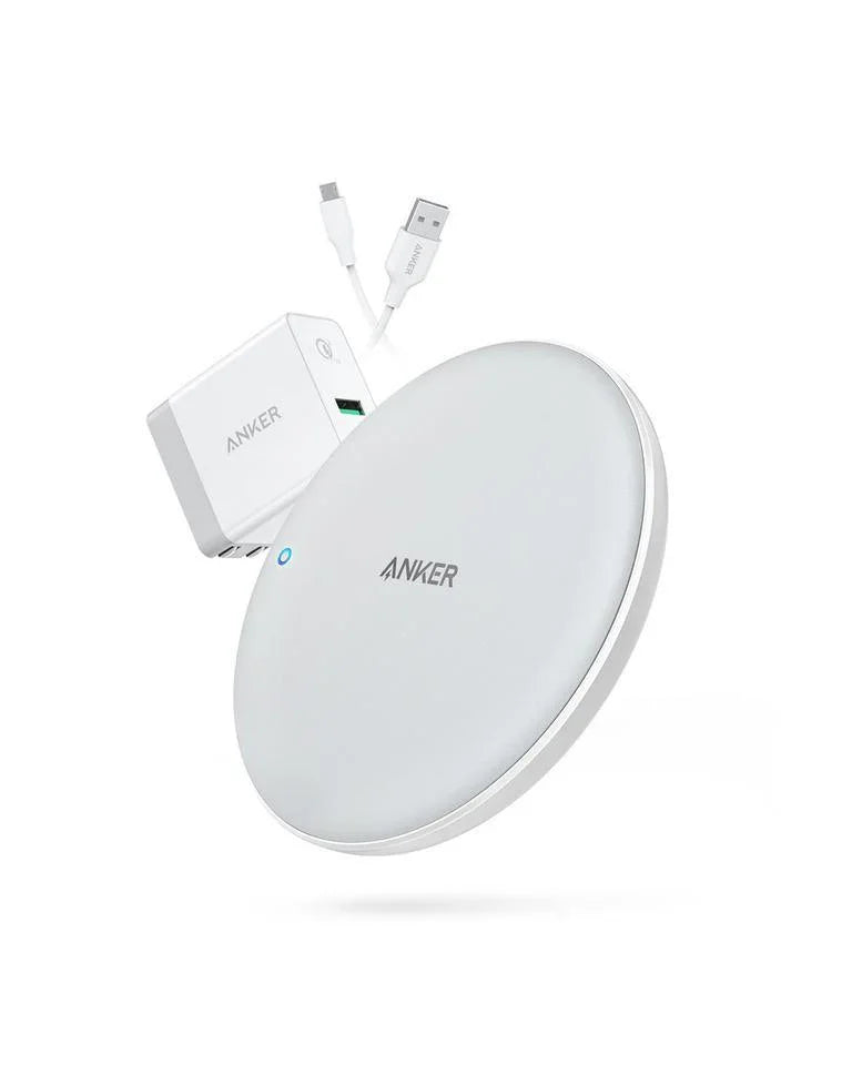 Anker wireless charger with USB-C cable and power adapter, white design for fast charging