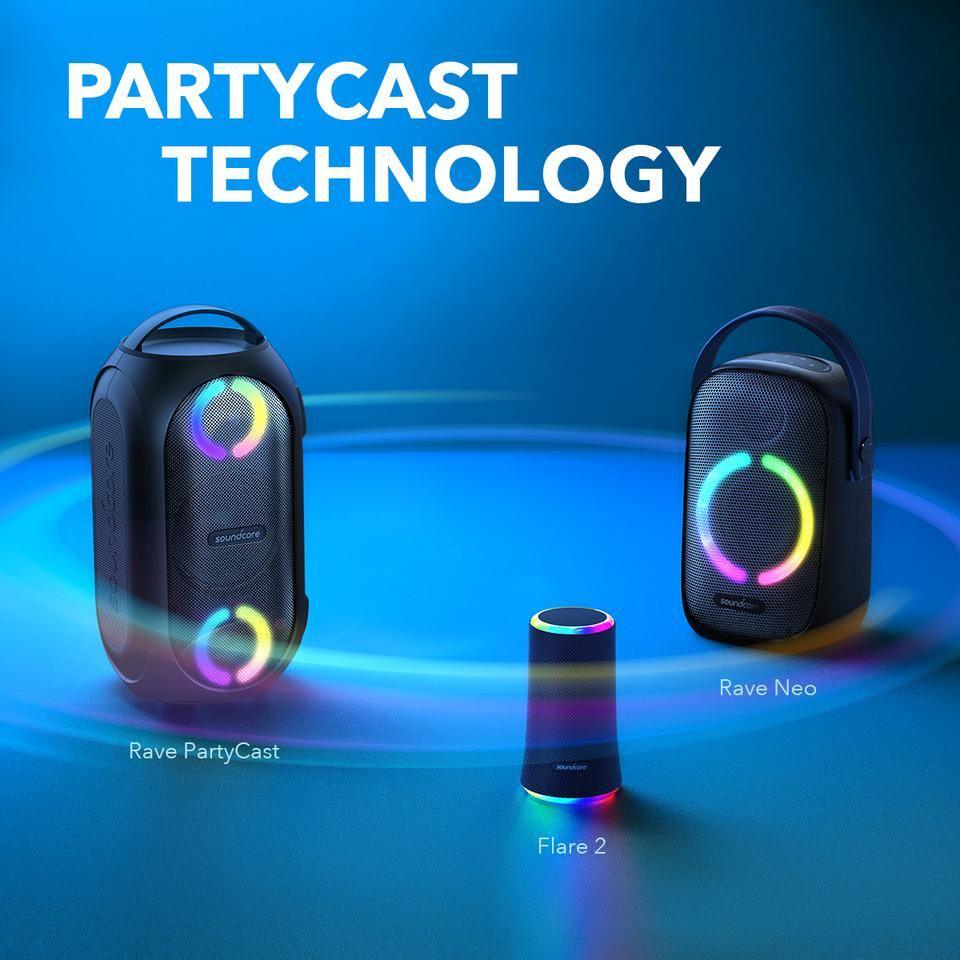 Anker Soundcore PartyCast speakers with RGB lights: Rave PartyCast, Rave Neo, Flare 2