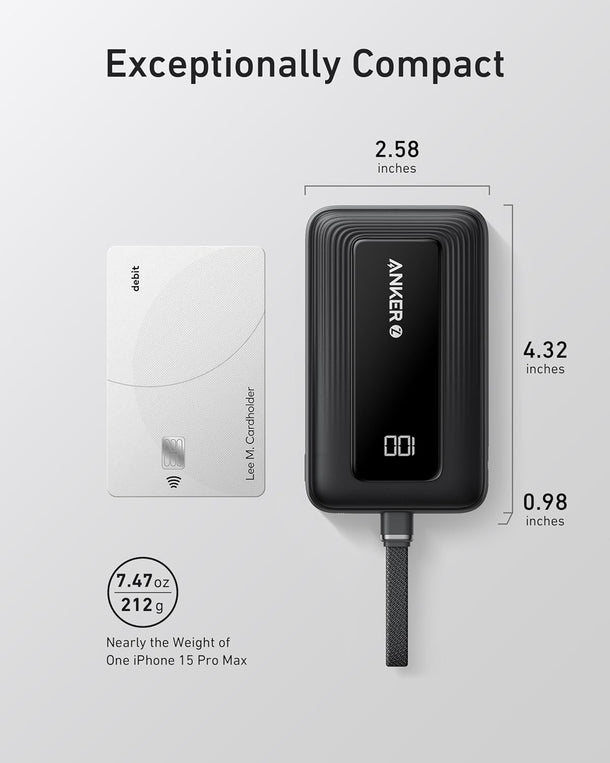 Anker Zolo Power Bank (10K, 30W, Built-In USB-C Cable) -Black