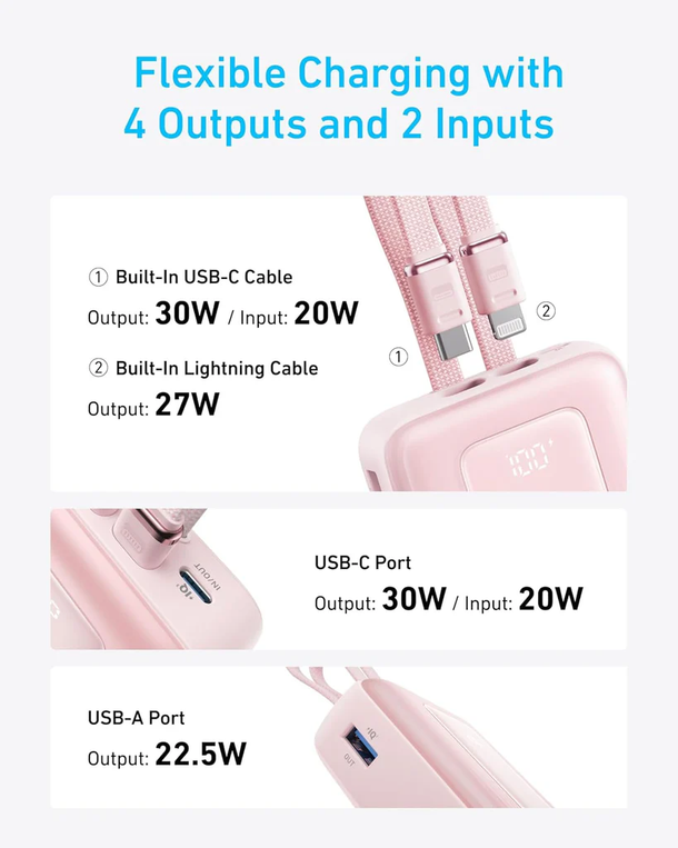 Anker Zolo Power Bank (20K, 30W, Built-In USB-C and Lightning Cable) - Pink