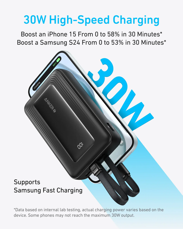 Anker Zolo Power Bank (20K, 30W, Built-In USB-C and Lightning Cable) - Black