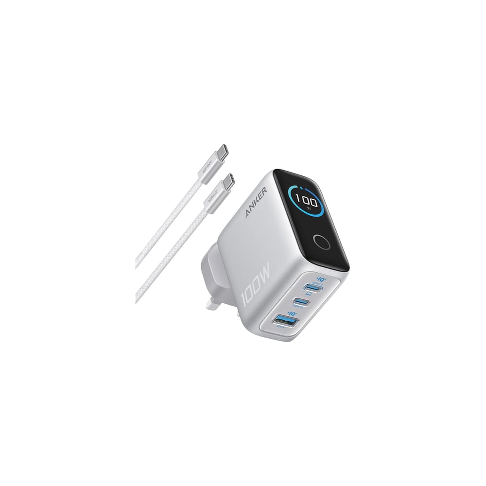 Anker Charger (100W, 3 Ports, Smart Display) - Silver