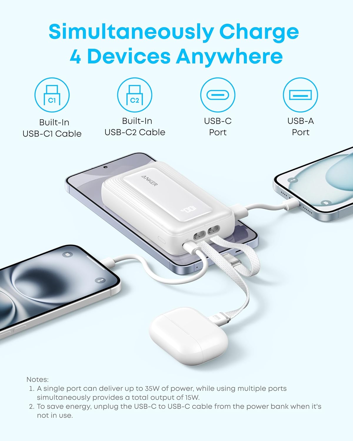 Anker Zolo Power Bank (10K, 35W, Built-In Dual USB-C Cables)-Black