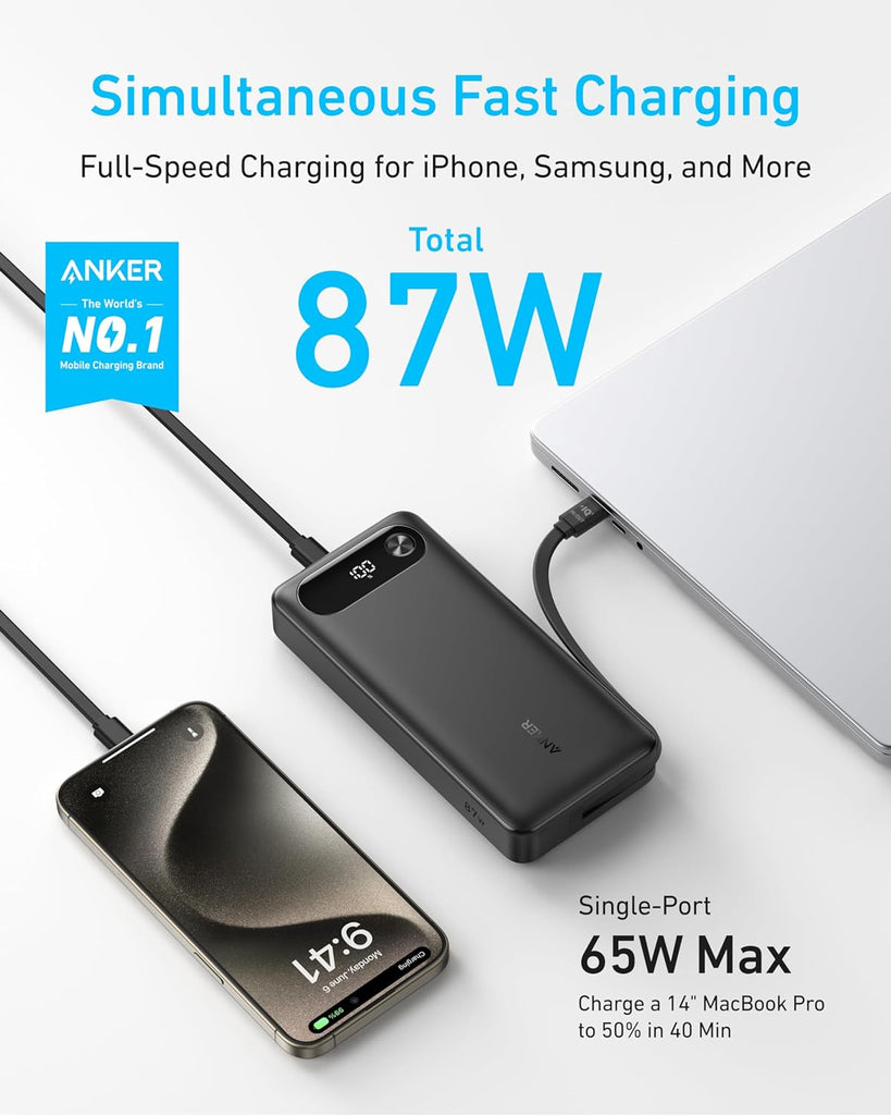 Anker PowerCore Power Bank (20K, 87W, Built-In USB-C Cable) -Black