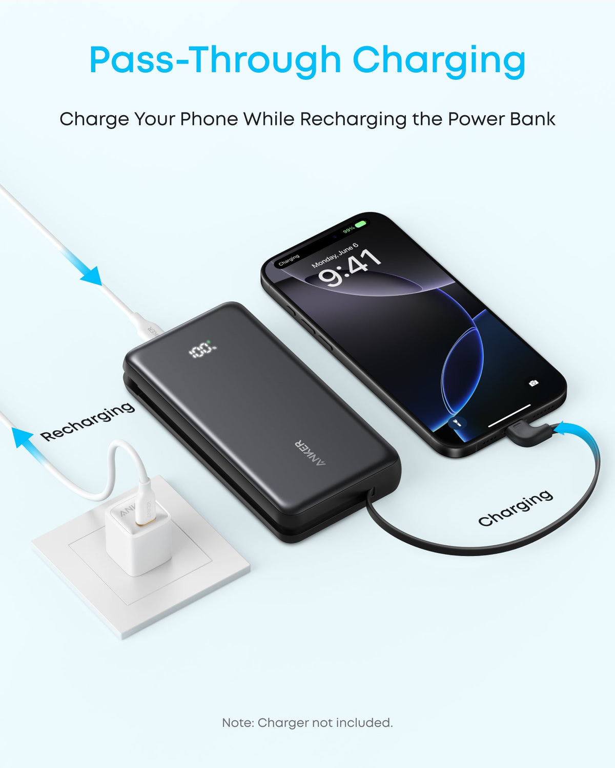 Anker Zolo Power Bank (20K, 22.5W, Built-In USB-C Cable) - White