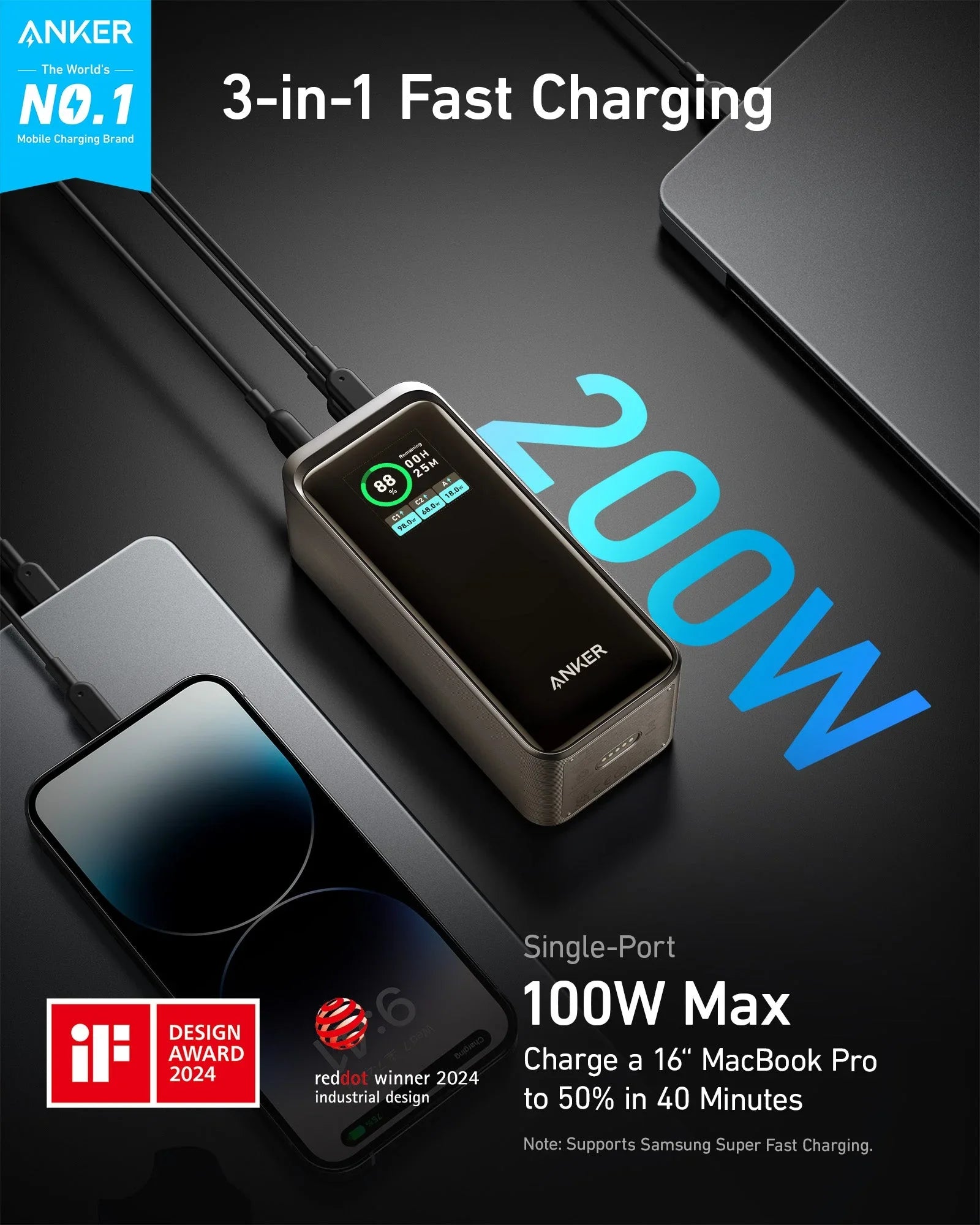 Anker Prime 3 ports Power Bank, 20,000mAh, 200W - Golden