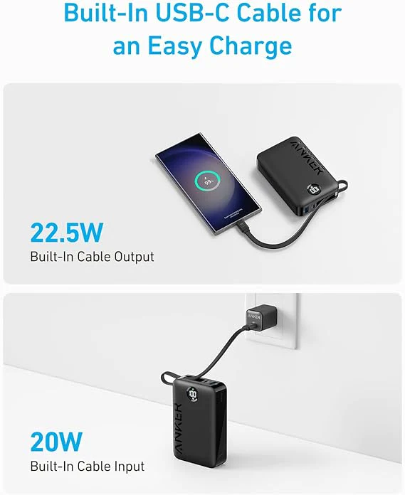Anker 335 Power Bank (20K 22.5W PD, Built-In USB-C Cable) -Black