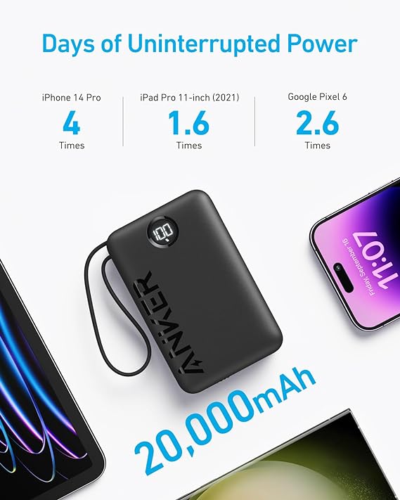Anker 335 Power Bank (20K 22.5W PD, Built-In USB-C Cable) -Black