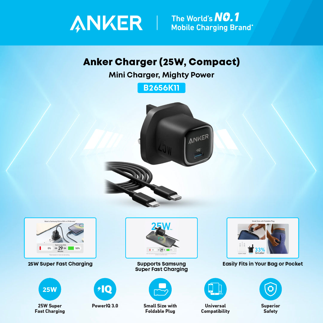 Anker Charger 25W Compact With USB-C Cable - Black