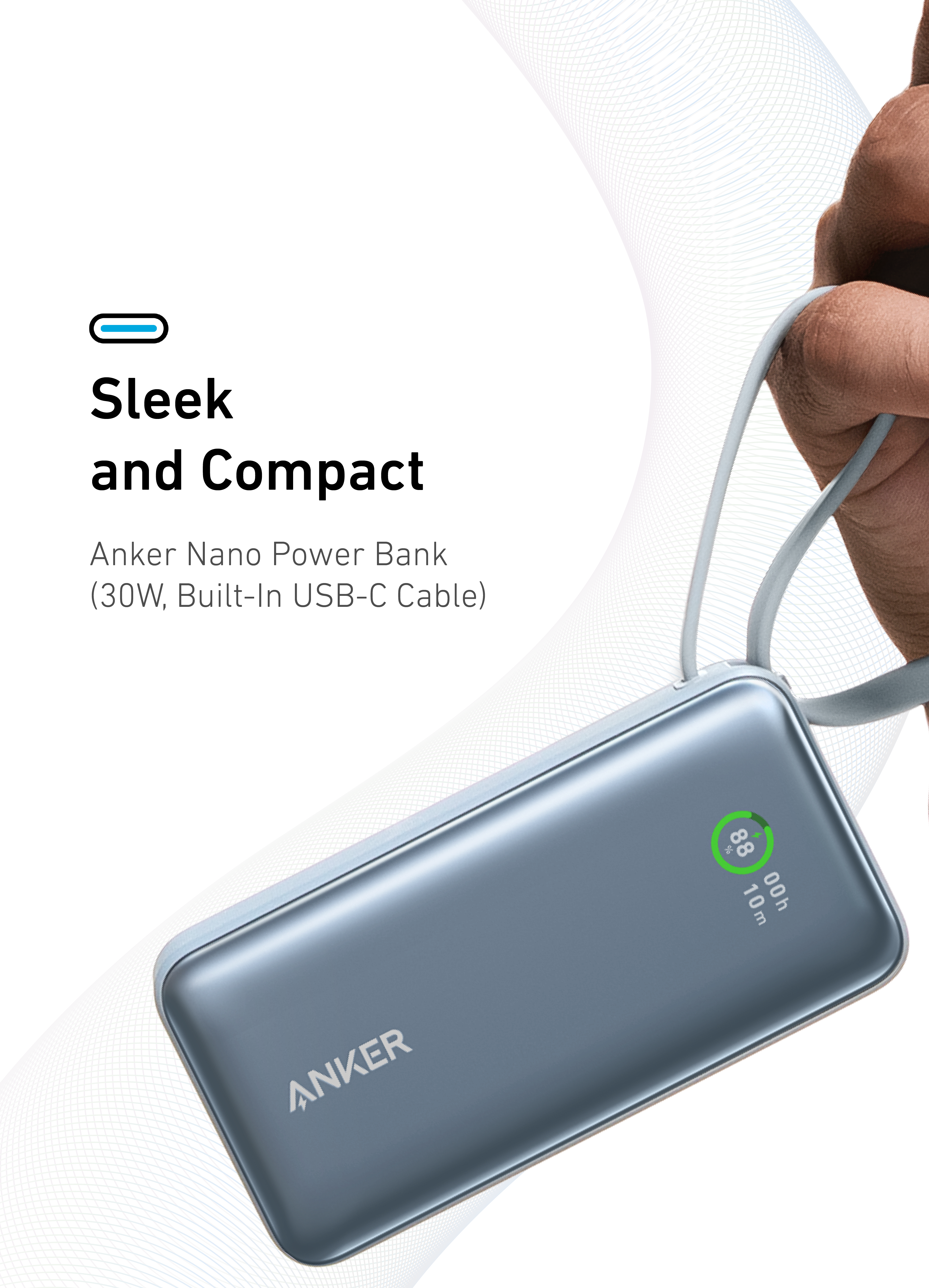 Anker Nano Power Bank (30W, Built-In USB-C Cable) 10000 -Blue